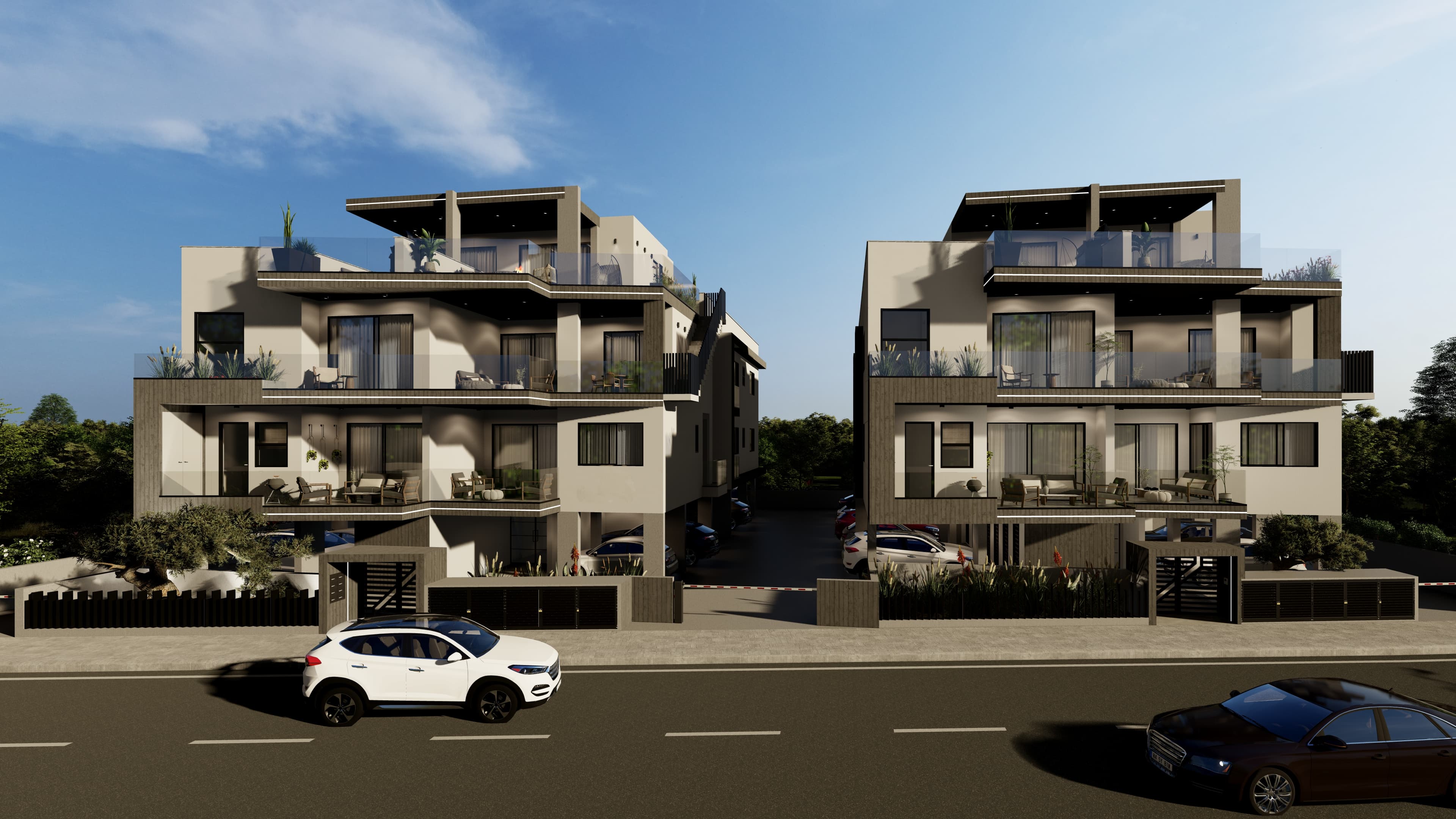 ERIVA’s symmetrical front elevation with both buildings