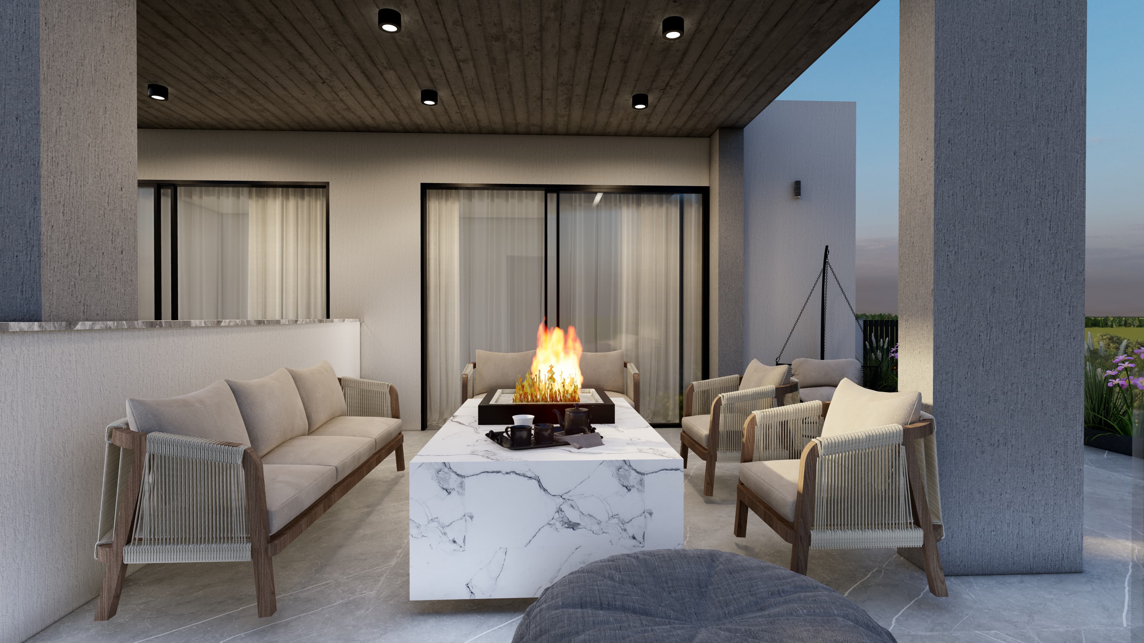 Furnished private roof terrace with a fire feature