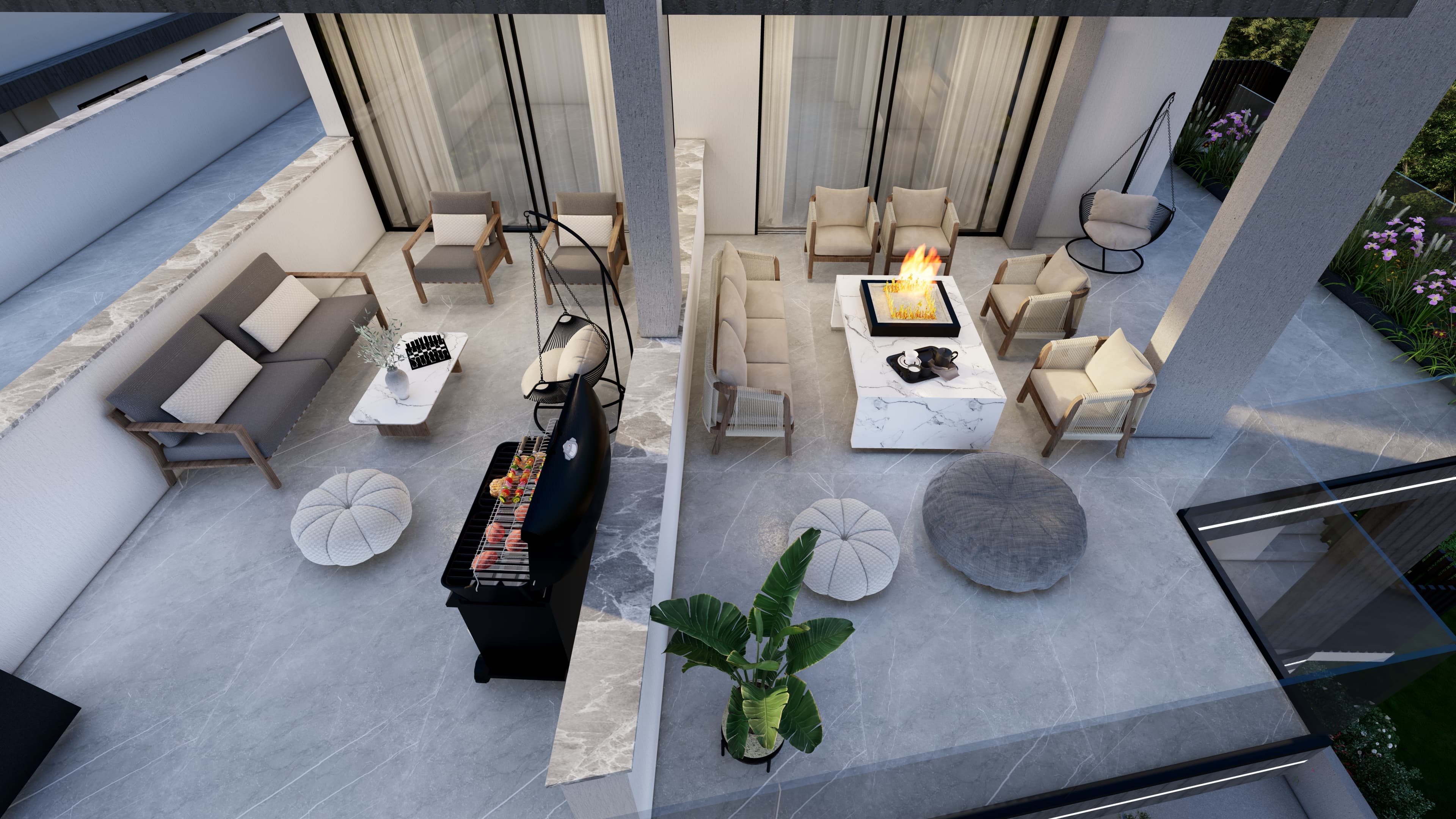 Elevated view across furnished private terraces