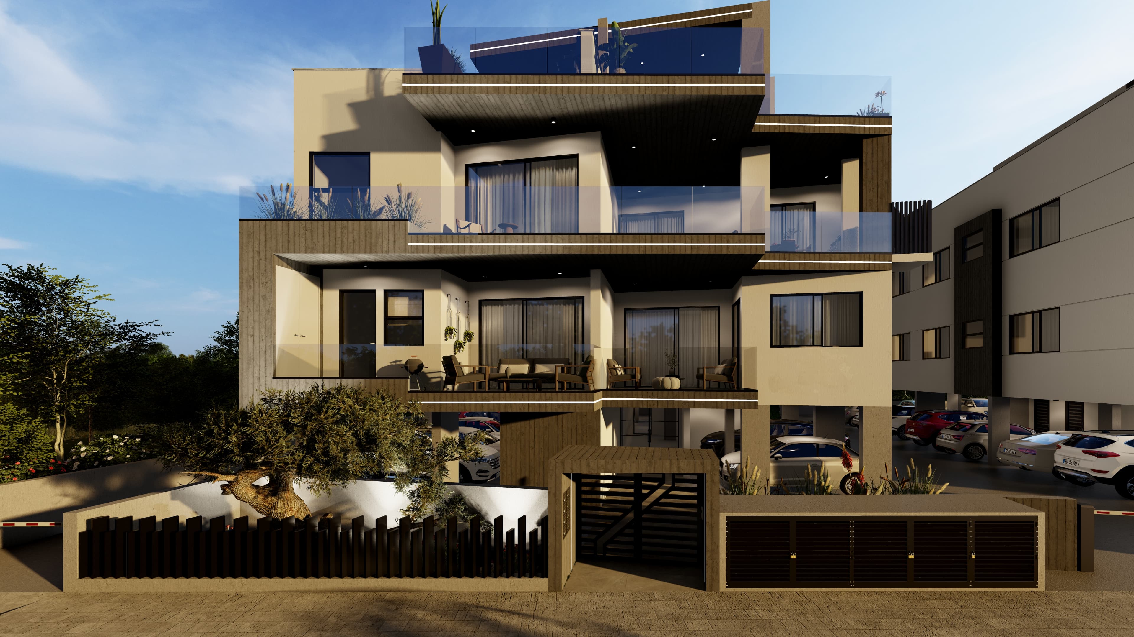 Front façade and terrace composition at ERIVA